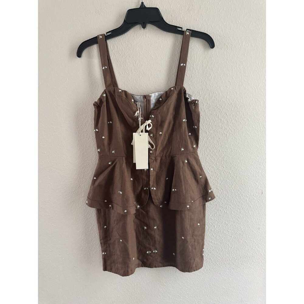 Fanm Mon Women's Brown  Linen Floral Embroidered Dress Size XS Nwt $388 - Picture 3 of 13